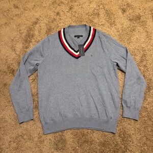 Tommy Hilfiger Sweater Mens XL Blue Pullover Long Sleeve V Neck Logo